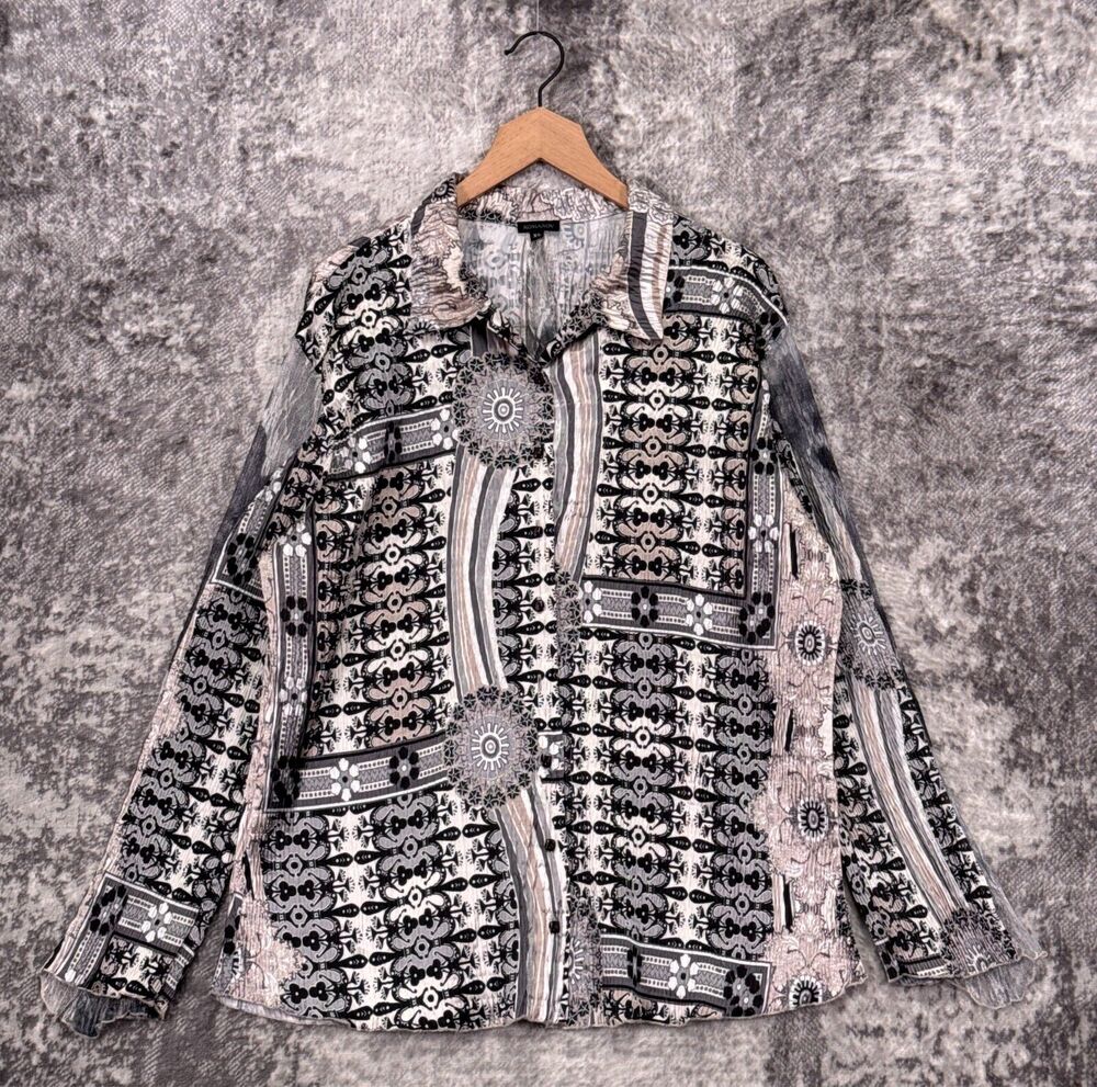 Komarov Top XL Womens Gray Pleated Textured Abstract Print Long Sleeve